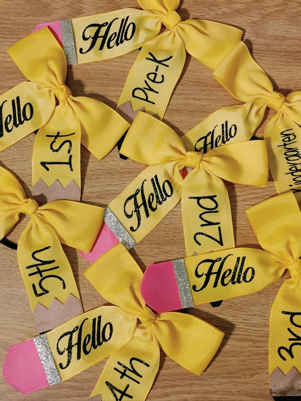Back To School Yellow, Pink, Black & Silver Bow W/Elastic Hair Tie Personalized
